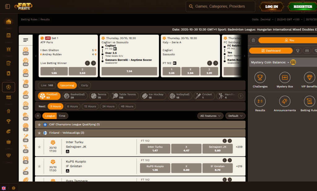 1Fatpirate ( 팻파이레이트)에서 제공하는 스포츠 베팅 옵션